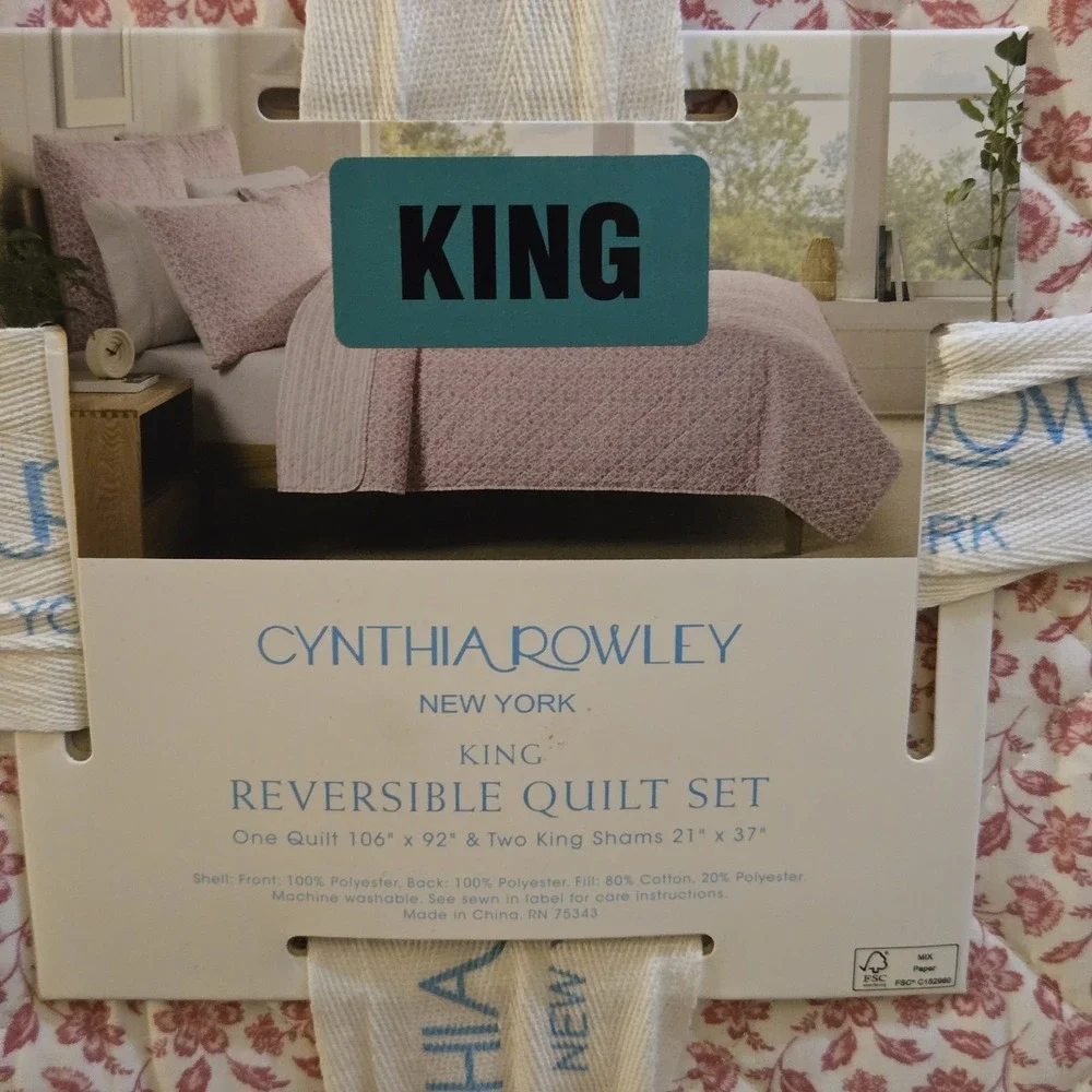 Cynthia Rowley King Pink Floral Striped Reversible Quilt Set Bedding With Shams